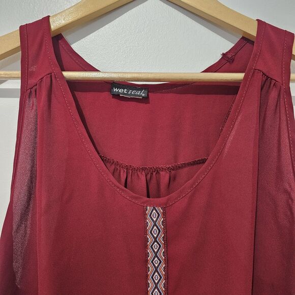 Wet Seal - Tank Top Sheer Flowy Embroidered Strip - Size L - Maroon - Picture 4 of 8